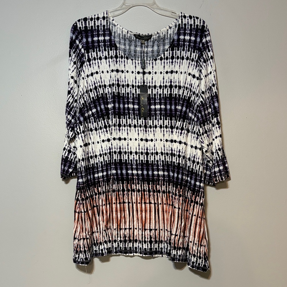 NWT Rose & Olive navy, white, salmon tie-dye tunic top, 3/4 length sleeve sz 3x